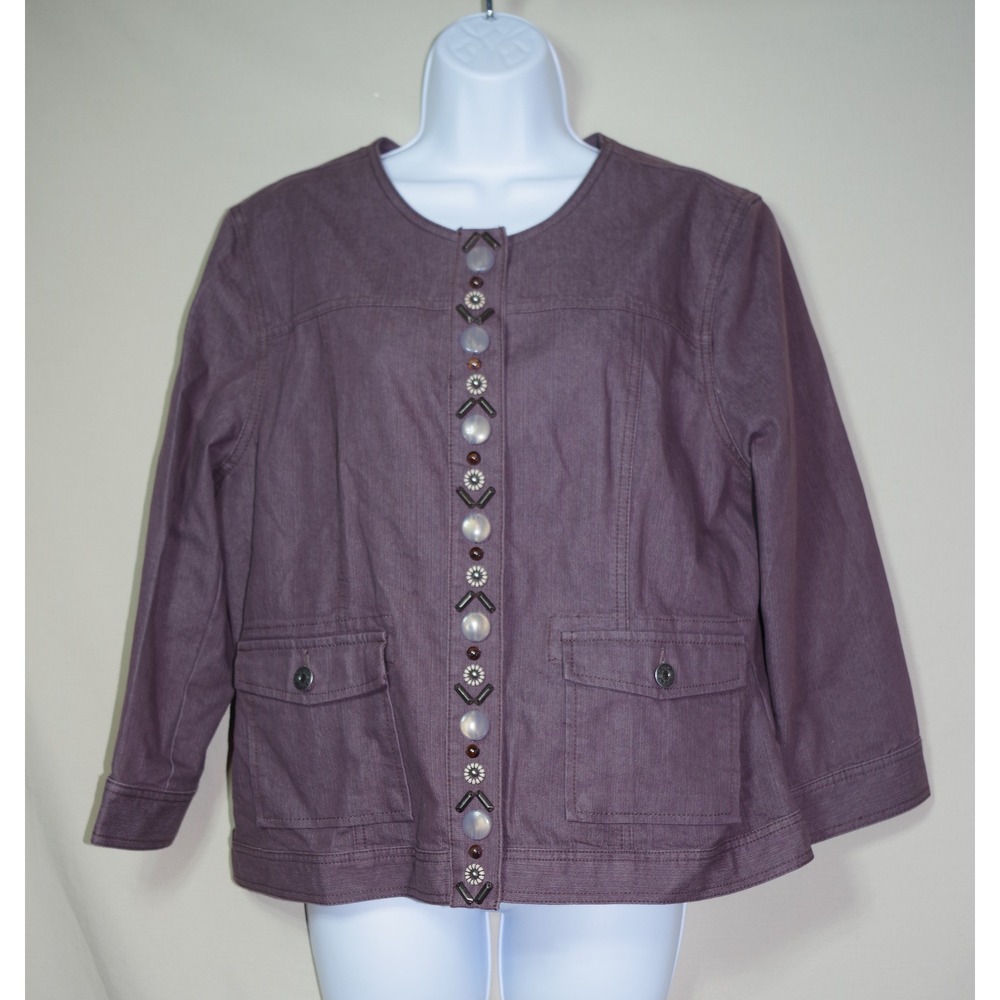 Ruby Rd Women's Size 16 Brown Embellished Button Front Jacket Cotton Blend
